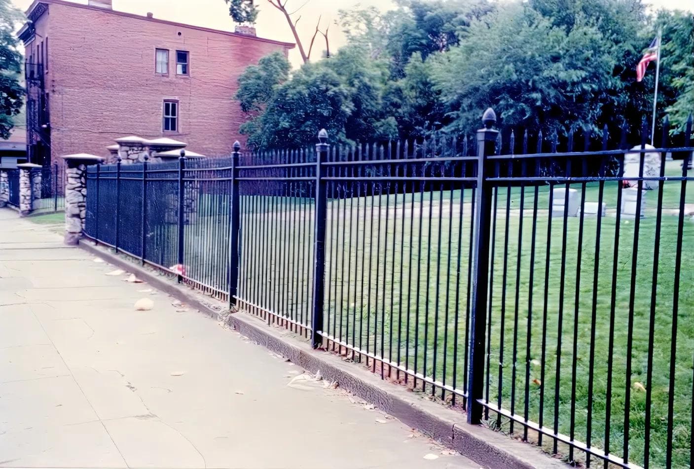 Steel pointed picket fence at cemetery in Newburgh, NY.